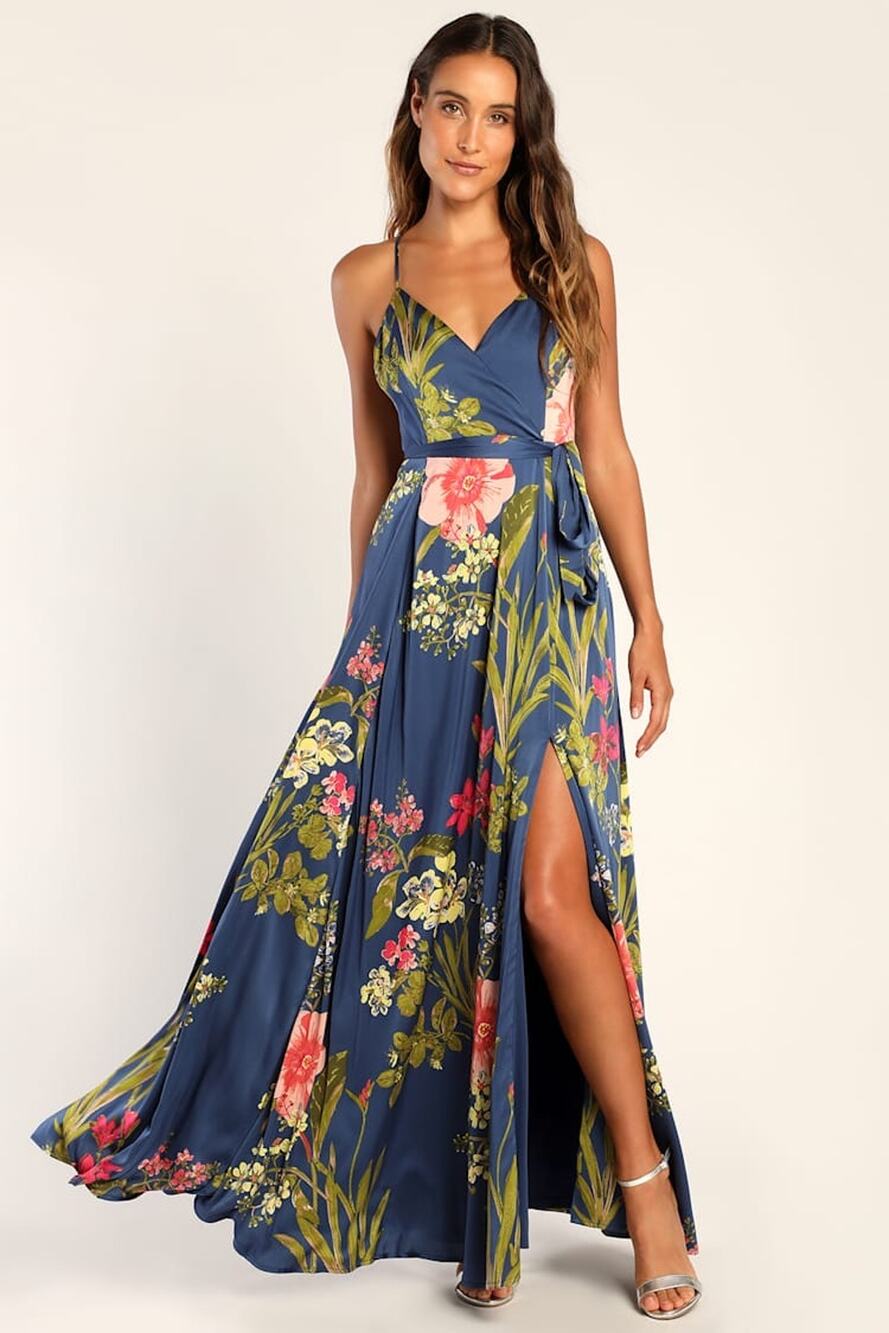 NWT Lulus Still the One Blue Floral Print Satin Maxi Dress Wedding Bridesmaid XS